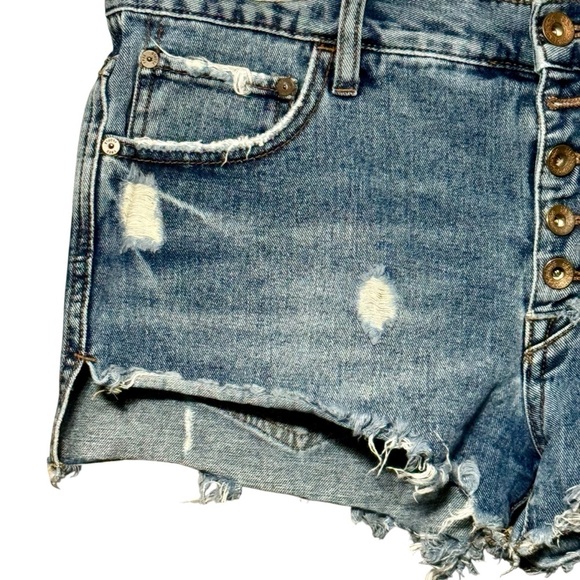 Free People Distressed High Rise Step Hem Button Fly Cutoff Frayed Hem Shorts - Picture 3 of 9